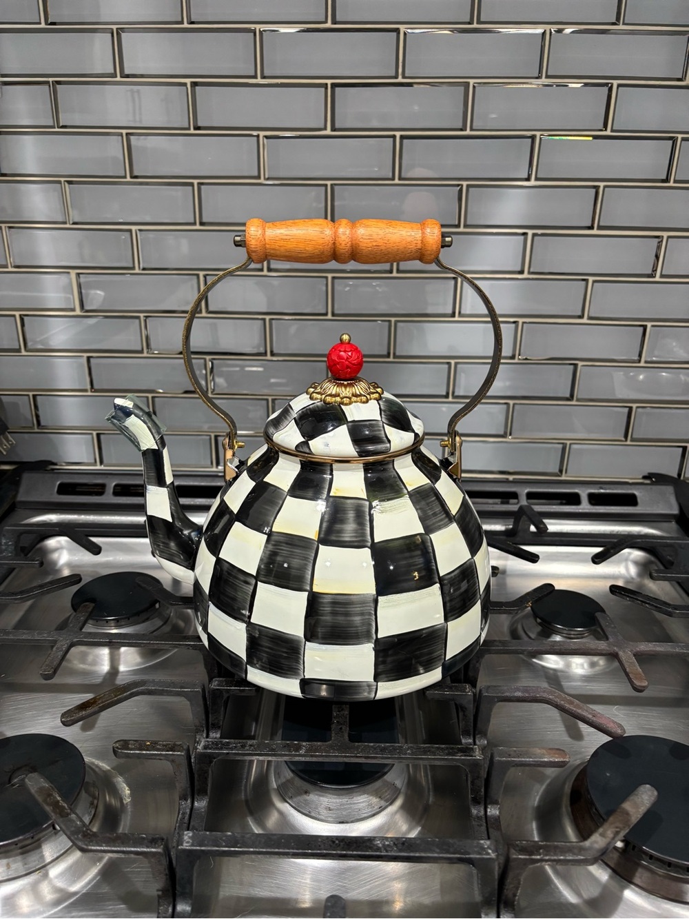 MacKenzie-Childs Black and Cream Checkered Teakettle with Red Knob